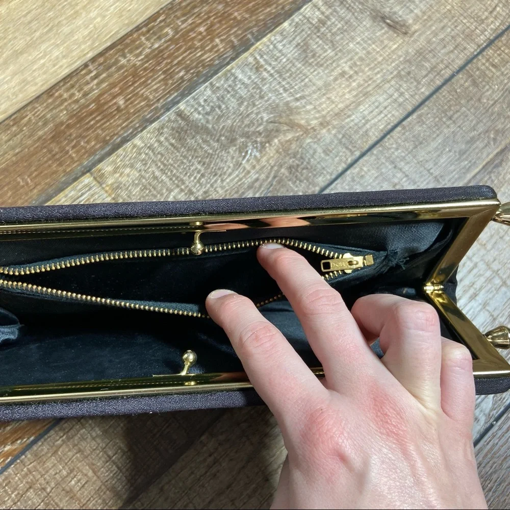 Vintage Satin Black and Gold Kiss Lock Clutch with Interior Coin Pouch
